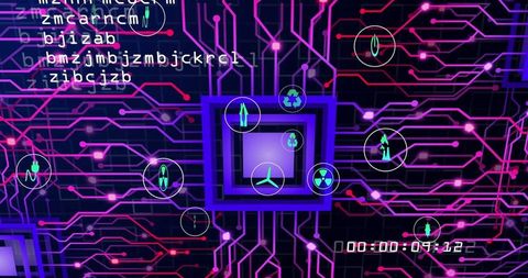 Ecology icons integrated into digital circuitry