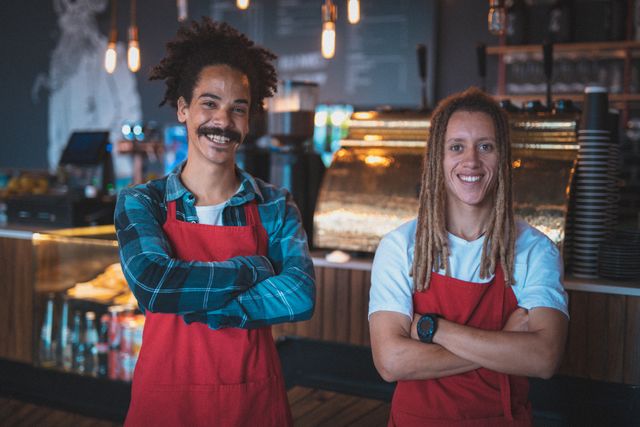 Two male baristas with mustache and dreadlocks standing confidently in a coffee shop, wearing red aprons and smiling at the camera. Ideal for use in content related to small businesses, coffee culture, customer service, and urban lifestyle. Perfect for promoting cafes, barista training programs, and hospitality services.
