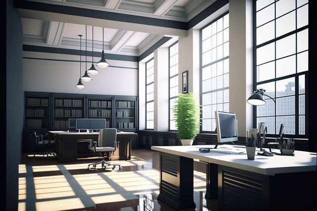 Modern office interior with desks, computers and windows created using generative ai technology. Office interior and business concept digitally generated image.