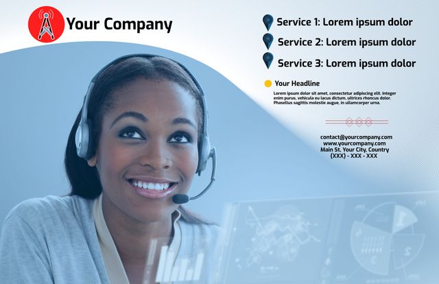 Smiling customer service representative with headset represents professionalism and trust in support services. Ideal for business websites, customer support promotions, technology companies, and communication service ads, conveying reliability and friendliness.