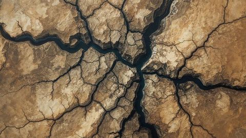 Aerial view of cracked desert earth with water-filled fissures