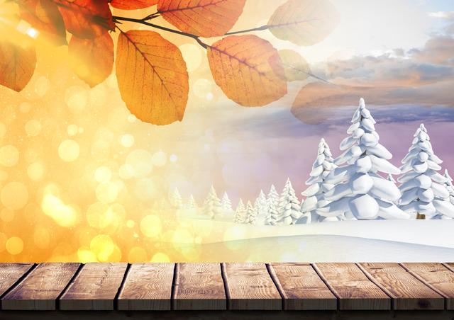 This image depicts a wooden bridge with snow-covered trees in the background and autumn leaves in the foreground, symbolizing the transition from autumn to winter. Ideal for use in seasonal promotions, holiday greeting cards, nature-themed blogs, and websites focusing on seasonal changes.
