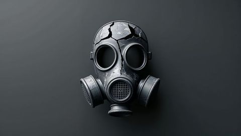 Apocalyptic gas mask with cracks on dark background