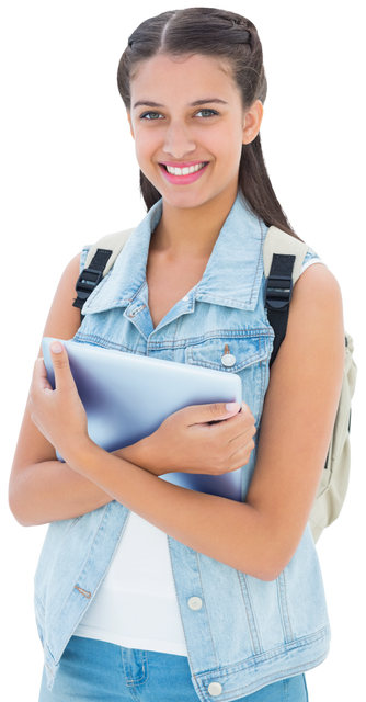 Smiling Schoolgirl Holding Tablet on Transparent Background - Download Free Stock Videos Pikwizard.com