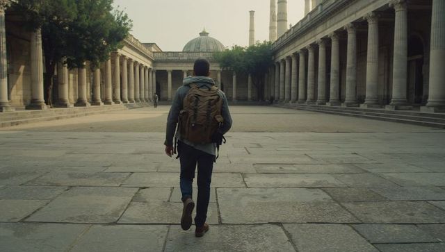 Solo traveler walking through historic colonnade courtyard toward domed monument