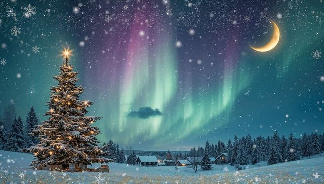 Christmas tree glowing under northern lights over snowy village with crescent moon, gifts