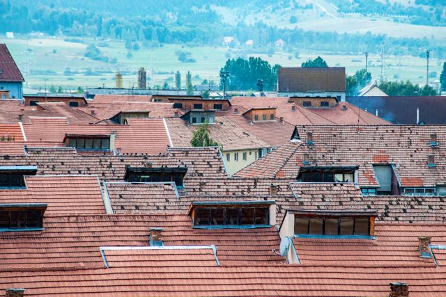 Rows of red rooftops in a small town create picturesque pattern. Use for showcasing residential designs, rural living, urban planning.