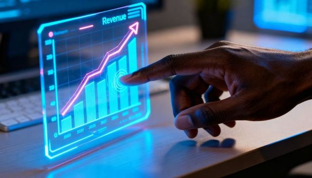 Touching holographic revenue dashboard for business growth and data analytics interaction