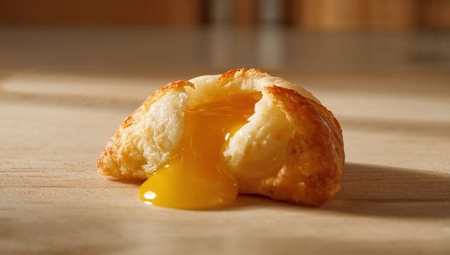 Golden baked pastry breaking open with glossy runny egg yolk spilling on wooden board