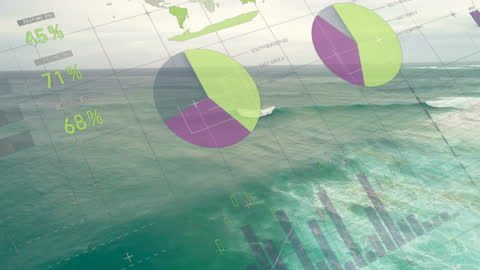 Futuristic Financial Data Overlaid on Ocean Waves Abstract