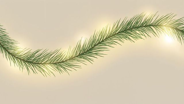 Minimalist evergreen garland lighting warm glow on neutral beige background