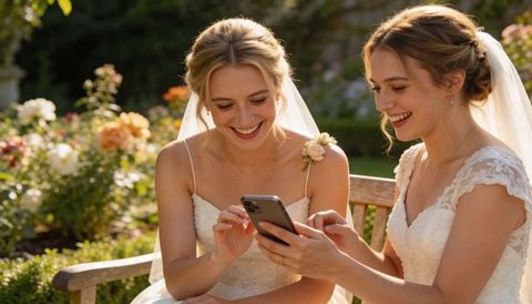 Two brides sharing smartphone on garden bench smiling in veils and lace wedding gowns