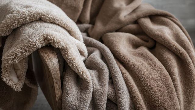Cozy sherpa and fleece throws draping over wooden chair arm neutral warm textures