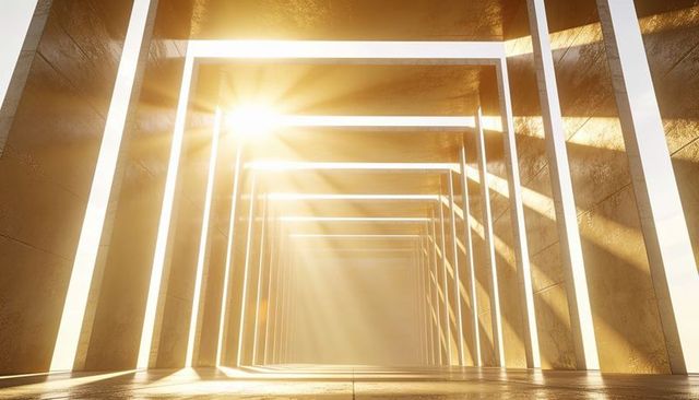 Sunlit led-lit rectangular arches receding into golden geometric corridor with rays