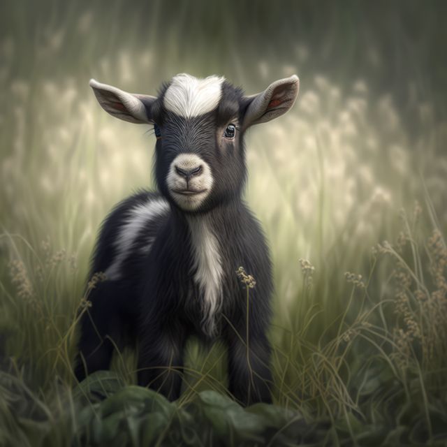 Baby goat standing in tall grass with gentle backlight, creating an enchanting and warm atmosphere. Perfect for use in materials related to farming, nature, wildlife, pastoral beauty, and childhood innocence themes.