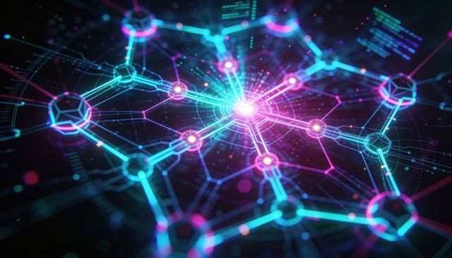 Emitting central glowing hub linking nodes in neon holographic network lattice with hex rings