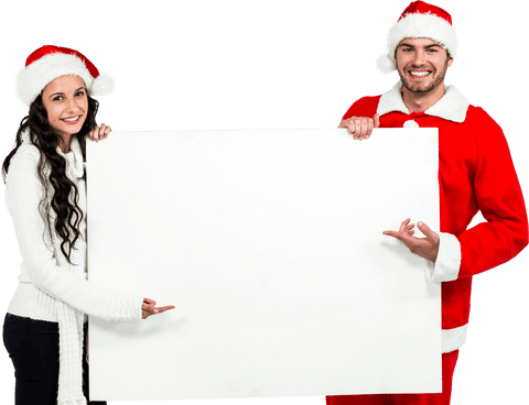 smiling santa couple pointing at transparent message board - Download Free Stock Videos Pikwizard.com