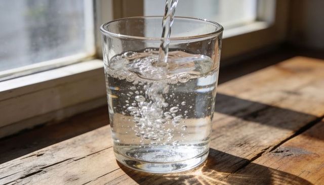 Sunlit water pouring into clear glass creating bubbles and caustics on rustic wood table