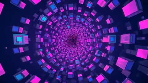 Rotating neon cube tunnel looping, camera moving forward through magenta cyan voxel vortex