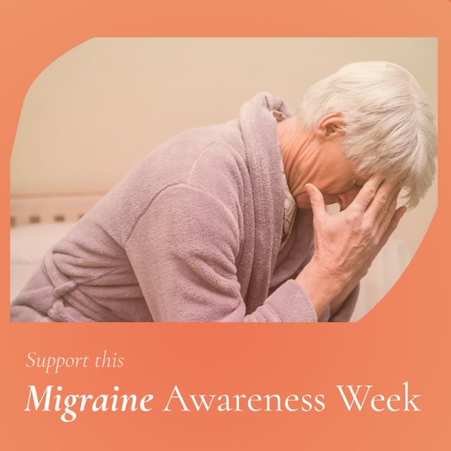 Digital composite image of worried caucasian senior man with headache, migraine awareness week text. Copy space, raise awareness, support, migraine awareness week, headache.