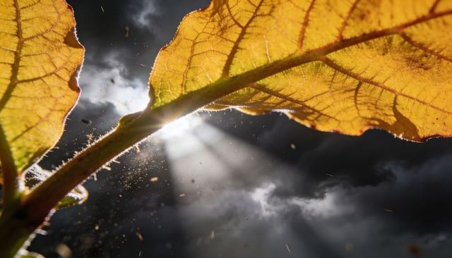 Glowing golden leaf backlit by sunbeams revealing trichomes and dust against stormy sky
