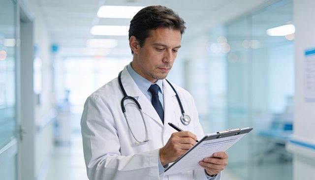 Male Doctor Writing on Clipboard with Stethoscope in Bright Hospital Corridor