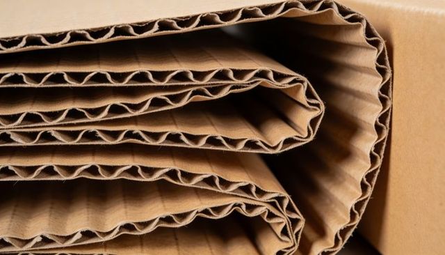Revealing layered corrugated cardboard fluting and kraft liners closeup for packaging texture