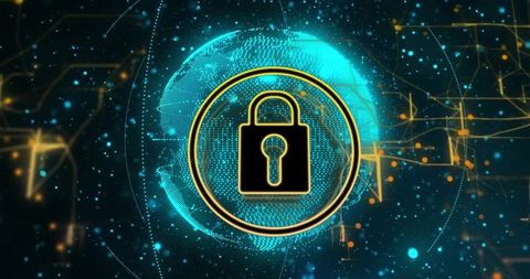 Abstract Cybersecurity Globe with Lock Icon and Circuitry