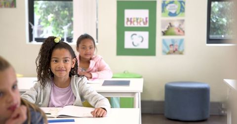 Children Studying at Desks in Diverse Elementary Classroom