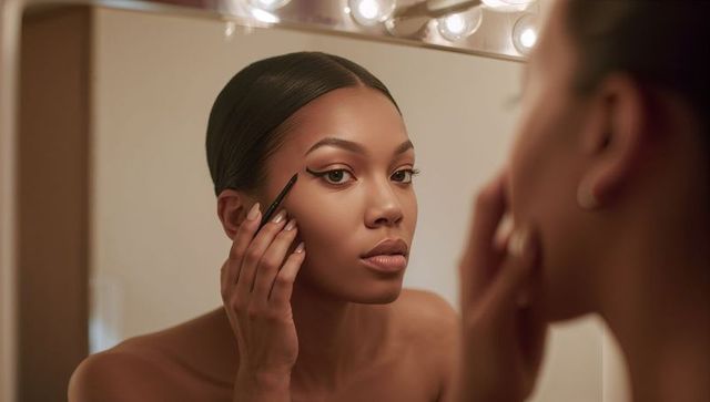 Elegantly applying winged eyeliner at lit vanity mirror closeup beauty routine