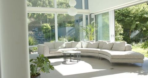 Sunlit modern living room with curved gray sectional and floor-to-ceiling glass walls