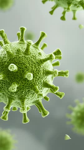 Vertical video tightening on green virion revealing spike proteins and drifting fragment in motion