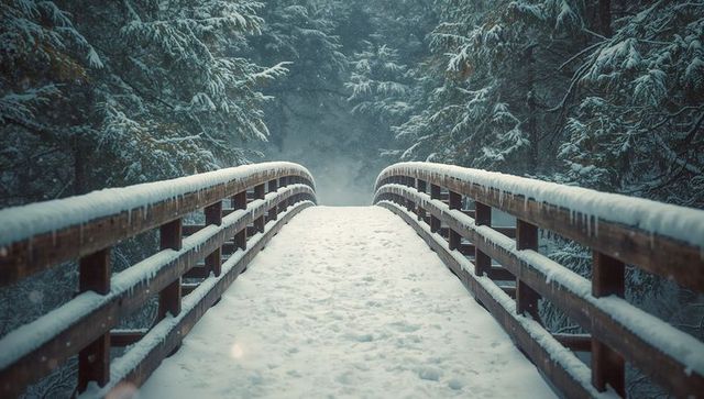 Snowy Wooden Bridge in Winter Forest Landscape