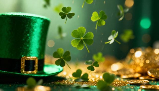 Shimmering shamrocks floating around glittering green top hat with gold coins, St Patrick vibe