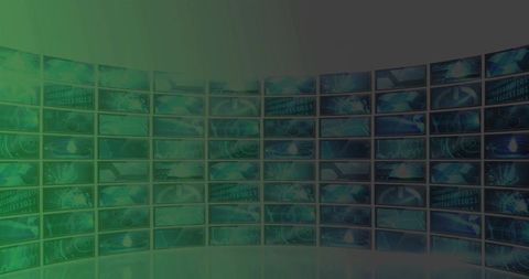 Curved Multi-Screen Wall Depicting Futuristic Interface Graphics