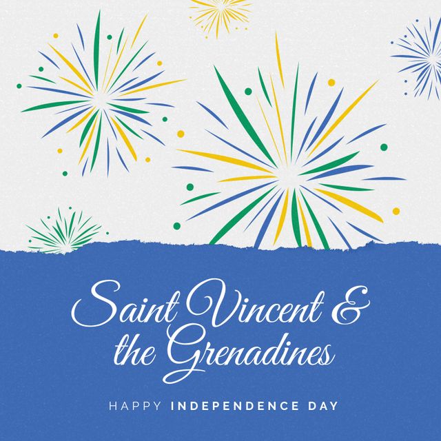 This image is perfect for promoting Saint Vincent and the Grenadines' Independence Day celebrations. Use it in social media posts, event invitations, festive banners, or holiday greeting cards. The use of fireworks and vibrant colors conveys a festive and patriotic atmosphere, enhancing community engagement and national pride.