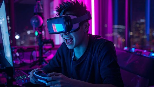 Excited gamer using vr headset and wireless controller in neon-lit city streaming studio