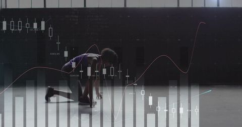 Female sprinter bracing at start line with financial market chart overlay