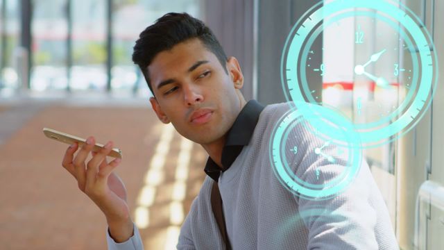 Young biracial businessman holding a smartphone while looking sideways in an urban setting with a digital clock animation overlaying the video. Ideal for illustrating modern technology, time management, digital communication, and professional urban lifestyle concepts.