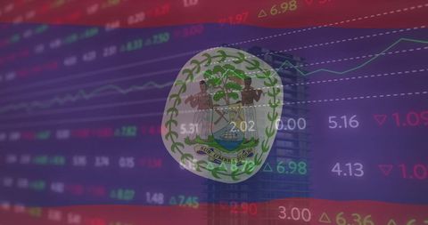 Belize flag overlay on digital financial data visualization