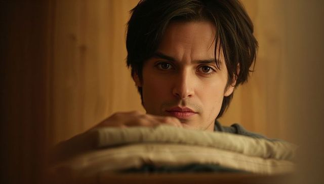 Intimate portrait young man leaning on cushions in cozy wooden interior with warm lighting