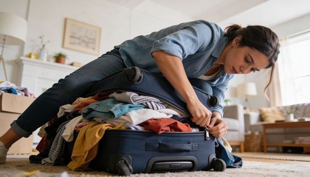 Woman struggling to zip overstuffed suitcase in sunlit living room packing at home