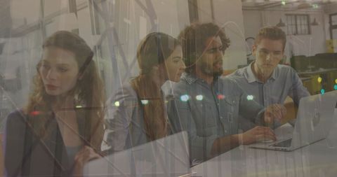 Global finance team analyzing data with technology elements