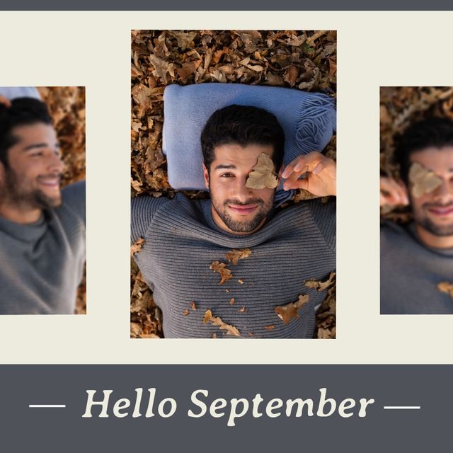 Collage of caucasian handsome young man lying on maple leaves and hello september text. Lifestyle, digital composite, relaxing, lifestyle, autumn season and nature concept.