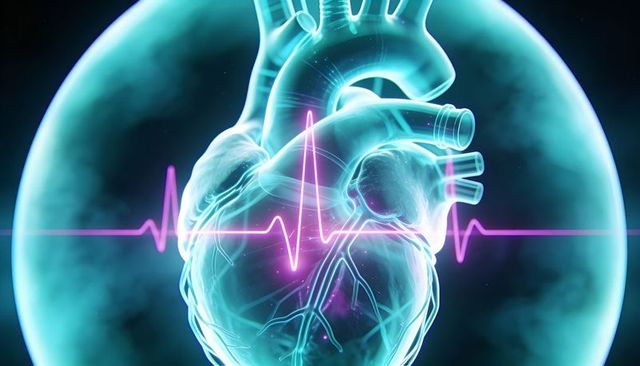 Pulsing translucent heart showing neon ecg waveform and glowing coronary vessels futuristic