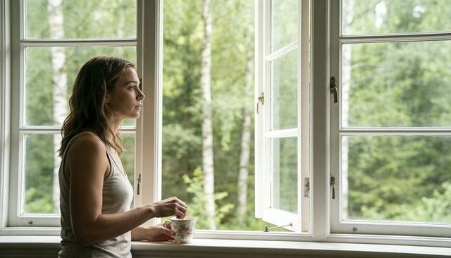 Contemplative woman gazing through open casement window holding floral teacup overlooking serene bir