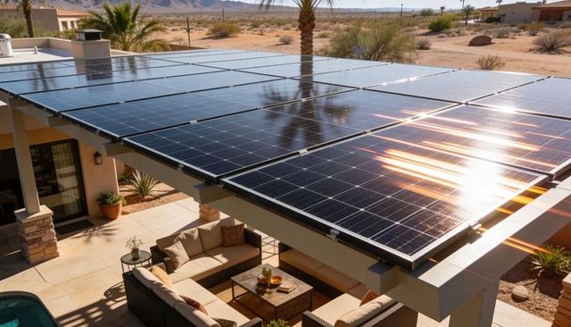 Solar Canopy Powering Shaded Desert Patio with Sectional Sofa, Pool and Outdoor Lounge