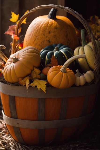 Wooden basket with colorful pumpkins and autumn leaves created using generative ai technology - Download Free Stock Photos Pikwizard.com