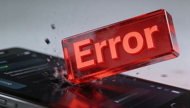 Crashing red Error block smashing smartphone screen with sparks shards and glitch debris
