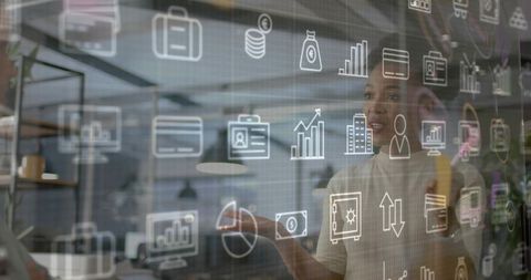 Businesswoman interacting with transparent ar finance dashboard for team collaboration